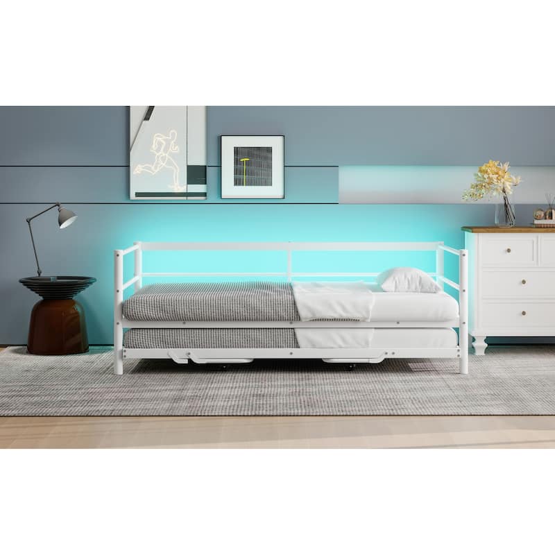 Roomfitters Twin Metal Daybed with Adjustable Pop-Up Trundle, Space-Saving Guest Bed Frame with LED Lighting