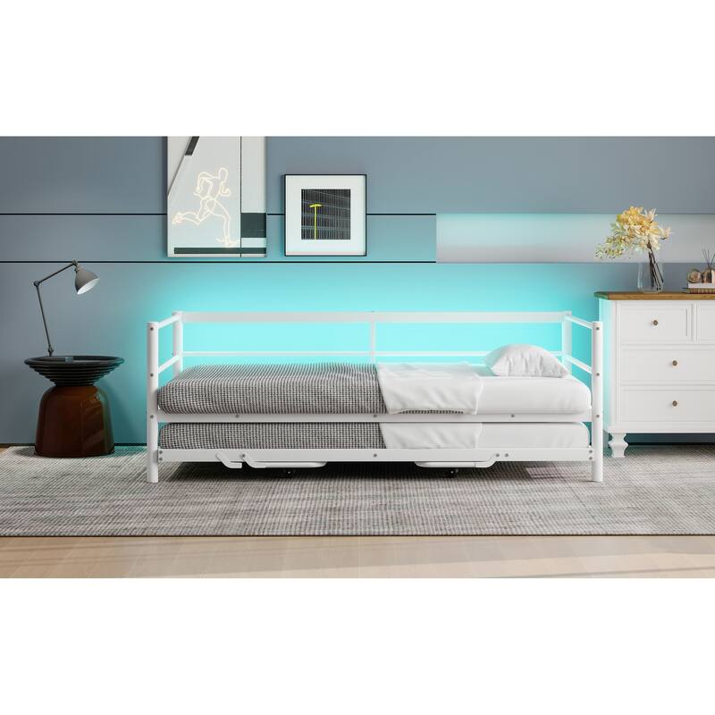 Twin Size Metal Daybed with LED Light, Adjustable Trundle, White