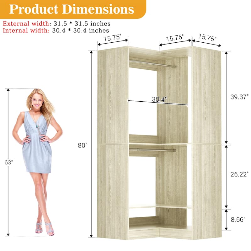 Qvella 31.5'' W Corner Closet System with Hanging Rods and Shelves,Corner Wardrobe Closet Organizer for Walk-in/Reach-in Closet
