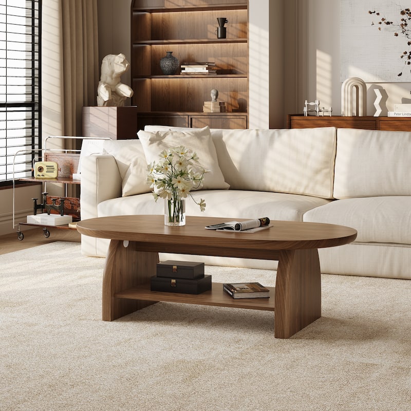 47.4" Oval Walnut Coffee Table with Storage Shelf, Modern Wooden Coffee Table for Living Room