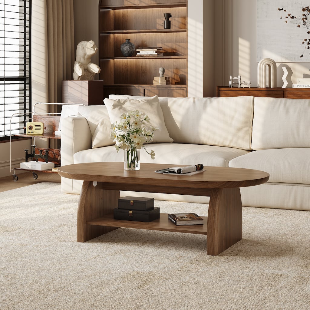 47.4" Oval Walnut Coffee Table with Storage Shelf, Modern Wooden Coffee Table for Living Room