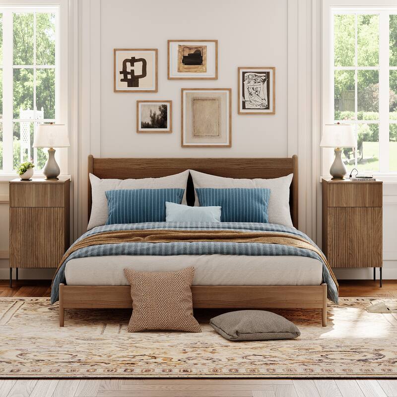 4 Pcs Bedroom Set，Reeded Dresser and Nightstand Sets for Bedroom,Wooden Night Stand of 2 with Charging Station