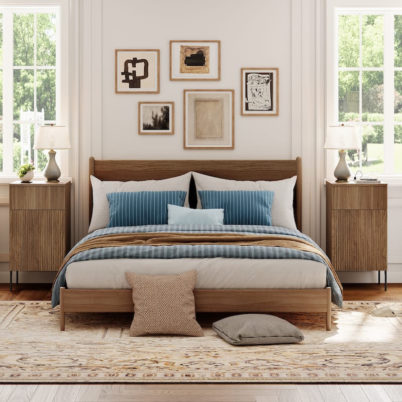 Modern Minimalist Nightstand Set Of 2 With Built-In Outlets, Reed Pattern Design