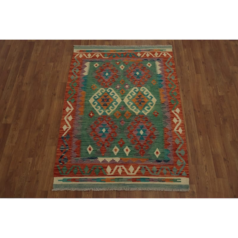 Hand Woven Oriental 100% Wool Carpet Southwestern Tribal Green Kilim Area Rug - 4' 9'' X 3' 6''