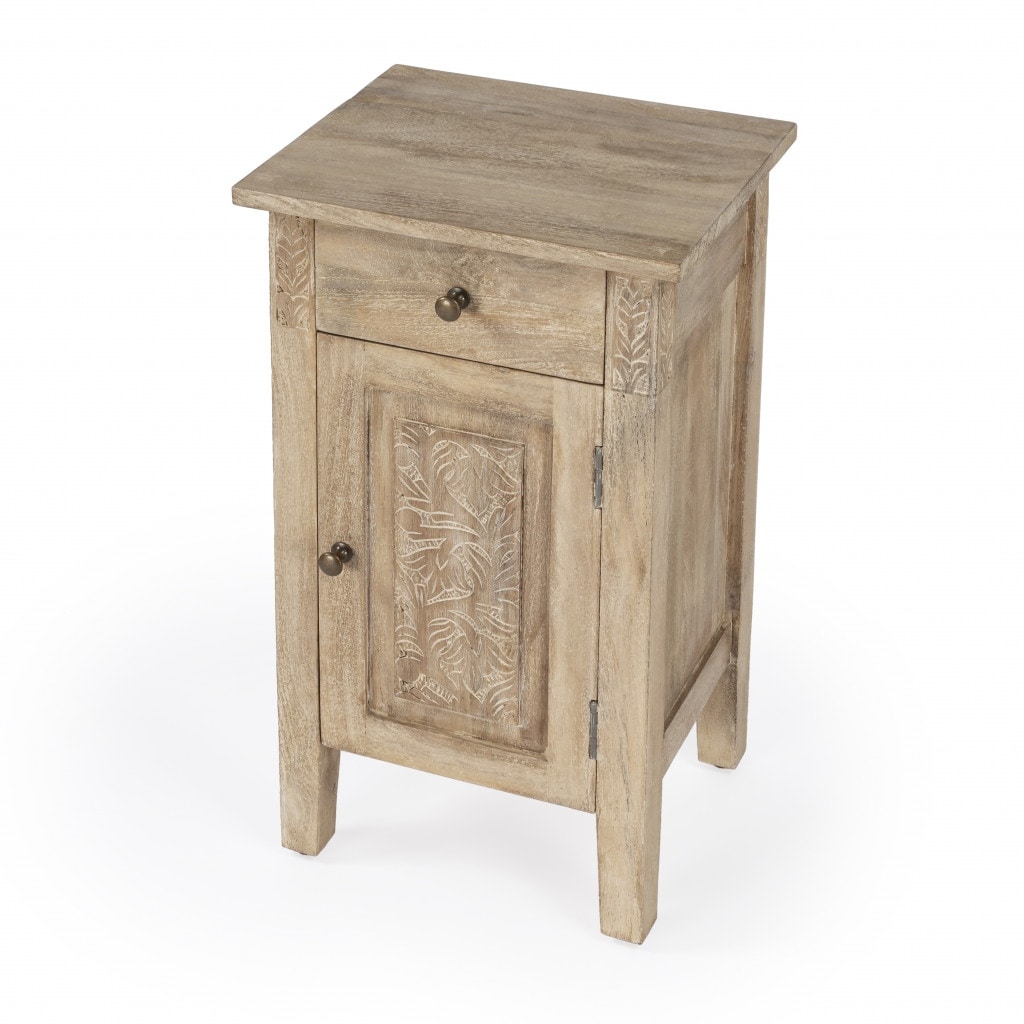 HomeRoots 24" Natural Brown Solid Wood End Table With Cabinet and Drawer - 27
