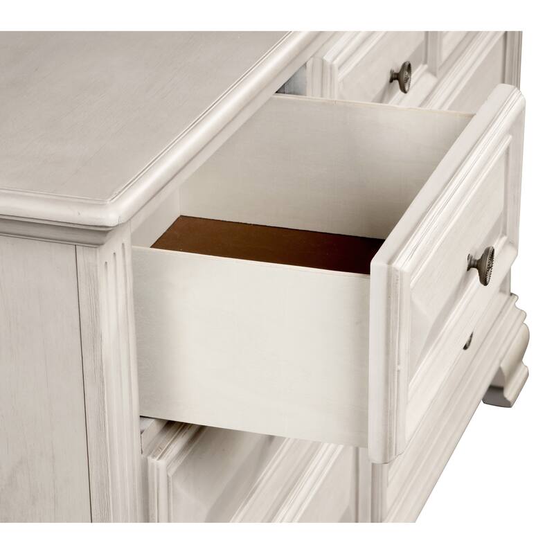 Roundhill Furniture Renova Distressed Parchment Wood Bedroom Set with Panel Bed, Dresser, Mirror, Nightstand, Chest