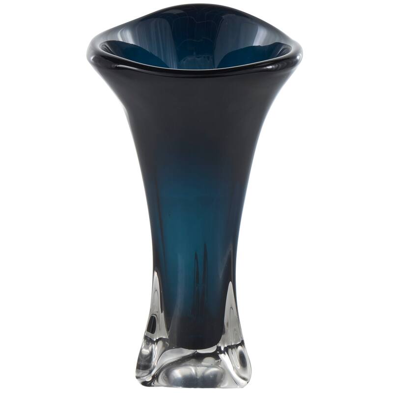 Dark Blue Glass Ombre Tulip Abstract Vase with Clear Base