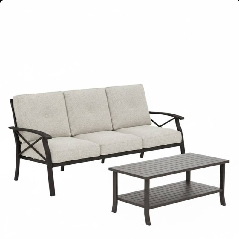 70" 3-Seat Patio Sofa and Rectangular coffee Table with Beige Cushions