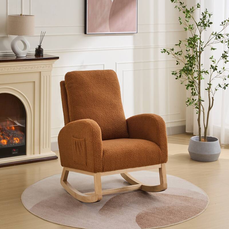 27.2"W Rocking Chair, Polyester Glider Chair with High Back and Side Pocket, Rocking Accent Armchair with Rubber Wood Legs