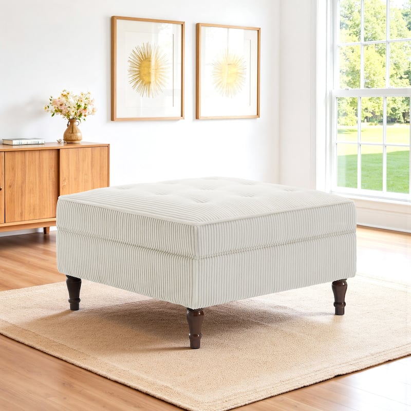 31.78" W Oversized Square Upholstered Storage Ottoman with Wooden Tray - Beige