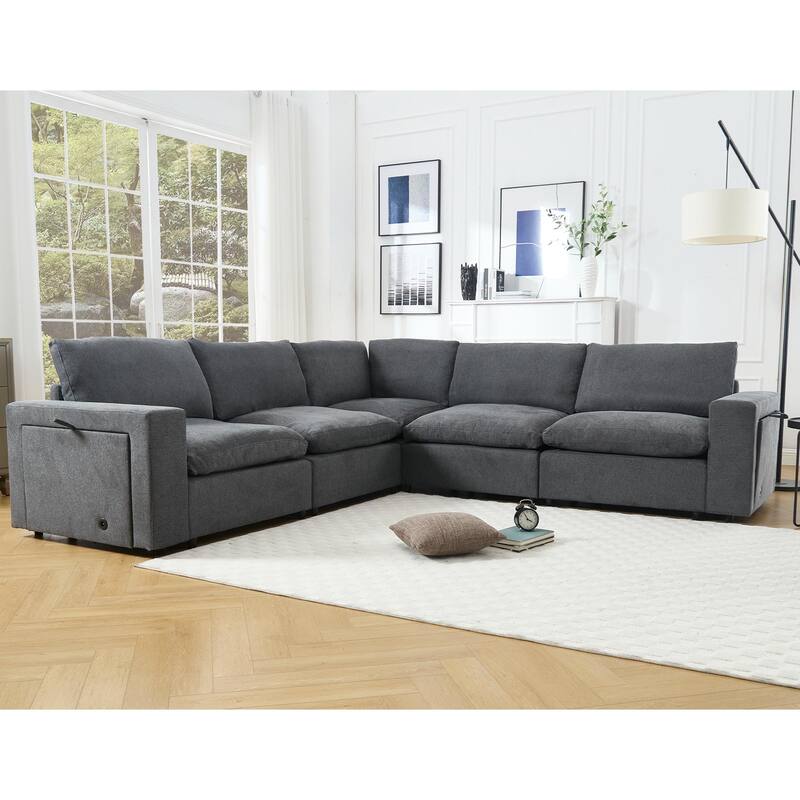 141.5" Linen Modular L-Shaped Sectional Sofa with Charging