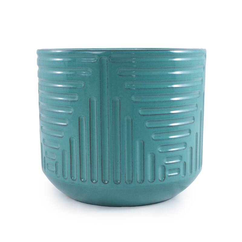Turquoise Ceramic Planter - 16 Inch Square Modern Striped Flower Pot with Drainage Hole