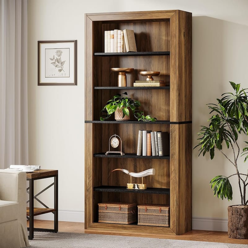 6-Tier Bookcase Tall Open Display Shelves Wood Storage Bookshelf for Living Room Office Bedroom