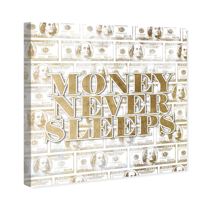 Hatcher and Ethan Prints 'Money Never Sleeps Gold' Typography and Quotes Gold Wall Art Canvas Print