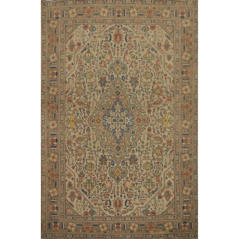 Hand Knotted Oriental 100% Wool Carpet Traditional Floral Beige & Ivories Tabriz Area Rug - 10' 9'' X 7' 10''