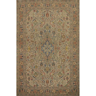 Hand Knotted Oriental 100% Wool Carpet Traditional Floral Beige & Ivories Tabriz Area Rug - 10' 9'' X 7' 10''