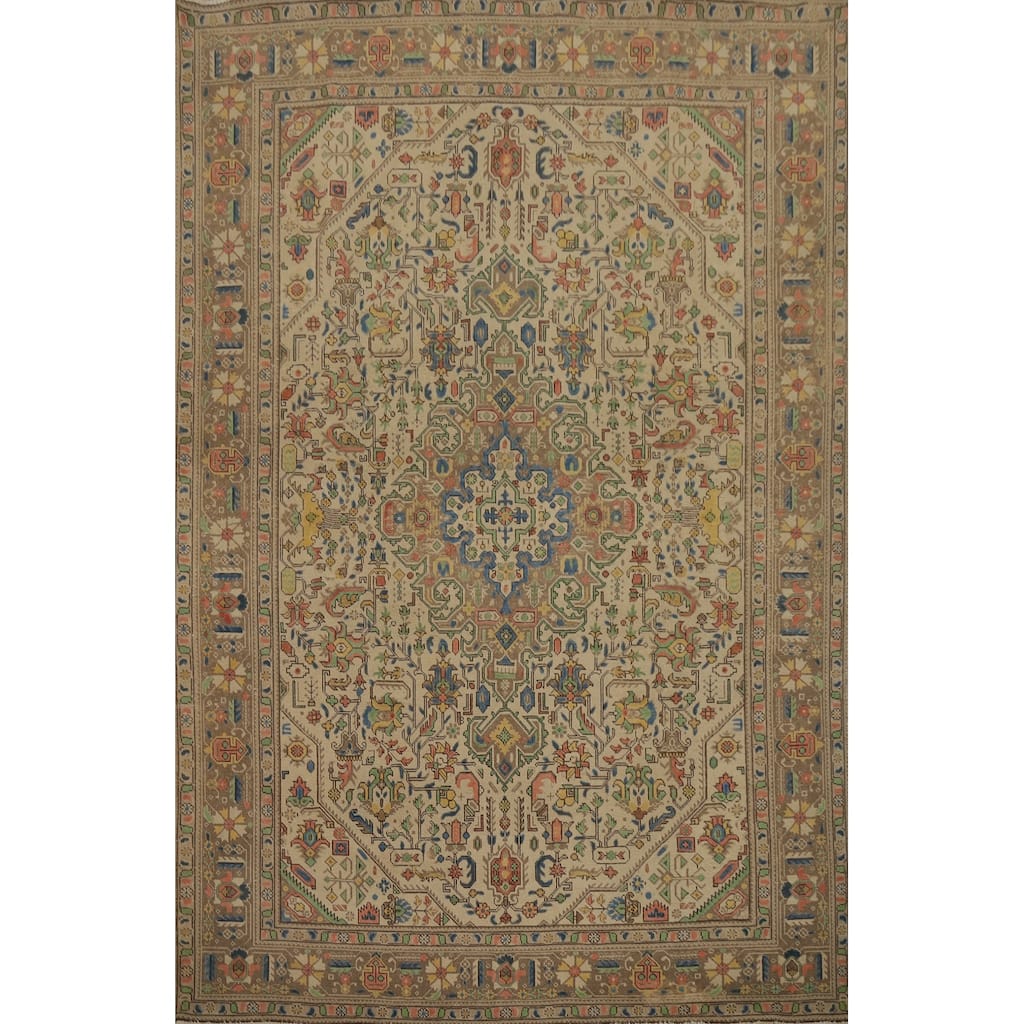 Hand Knotted Oriental 100% Wool Carpet Traditional Floral Beige & Ivories Tabriz Area Rug - 10' 9'' X 7' 10''