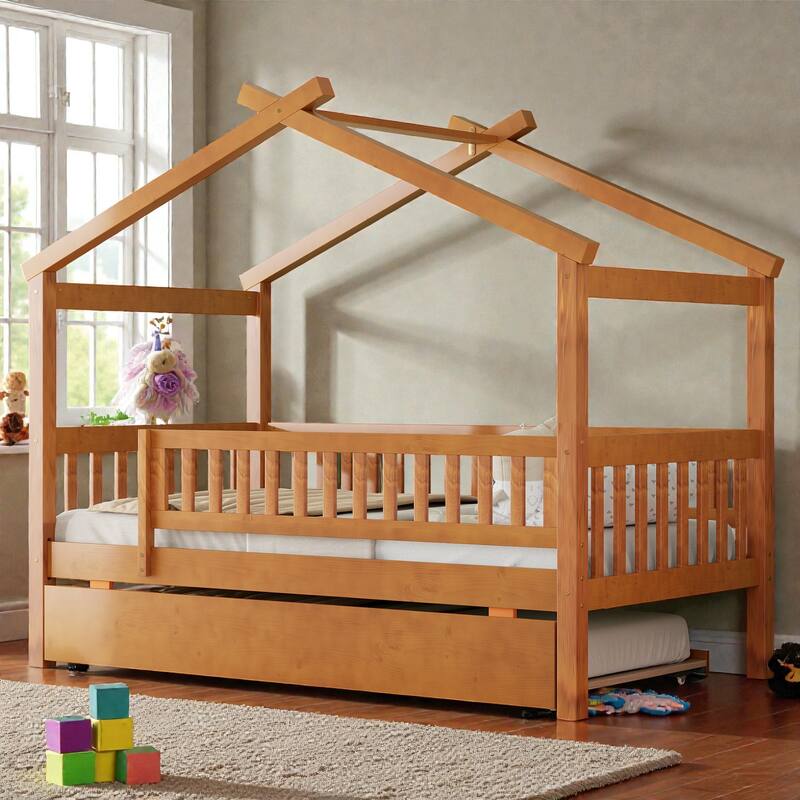 Twin/Full Wooden House Bed with Twin Trundle, Kids Platform Bed Frame with Roof Design, Solid Pine Wood - Walnut - Twin