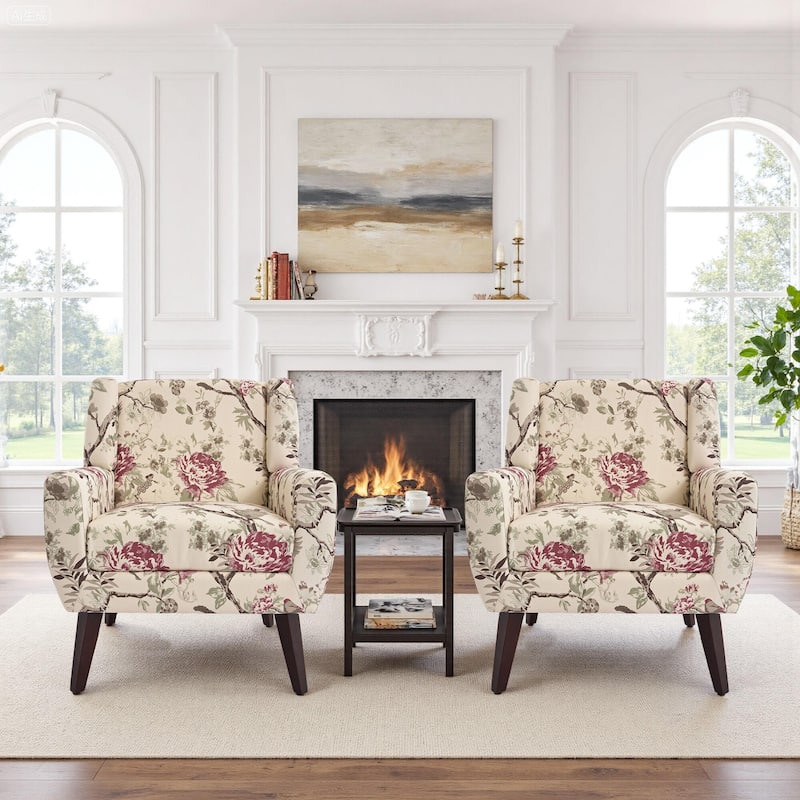 2 Set Modern Tufted Linen Upholstered Accent Chair Faux Leather Armchair - Linen - Pattern Floral Linen