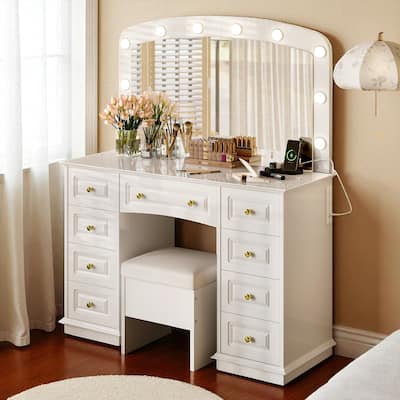 Makeup Vanity with 10 Hollywood Bulbs, Cushioned Storage Stool, 3 Light Modes and 9 Drawers