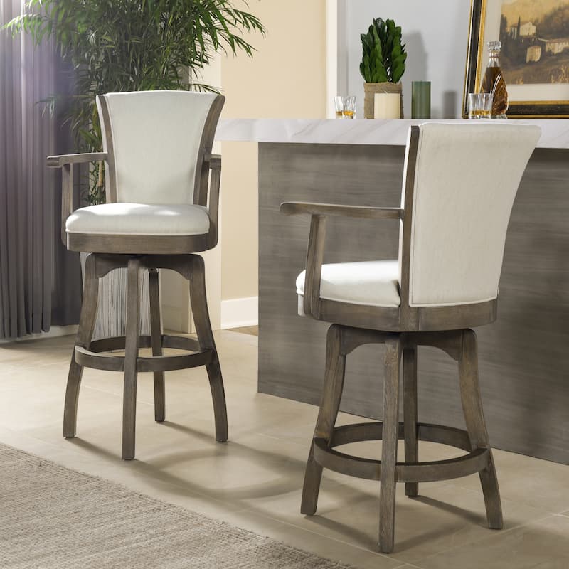 Williams Swivel Upholstered Bar Stool - Counter or Bar Height - 27 or 31 Inch - Solid Oak Wood Frame - Minimal Assembly