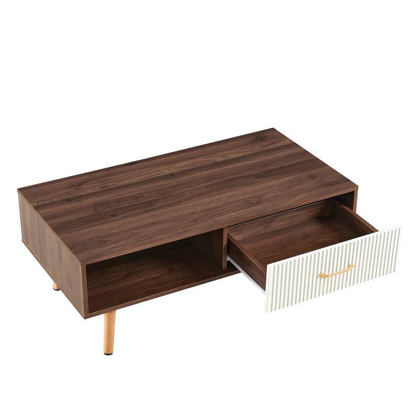 Modern Coffee Table with Drawer for Living Room,Solid Wood Legs