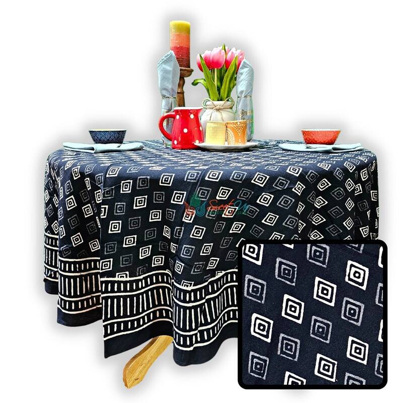 Cotton Block Print Dabu Geometric Tablecloth Collection
