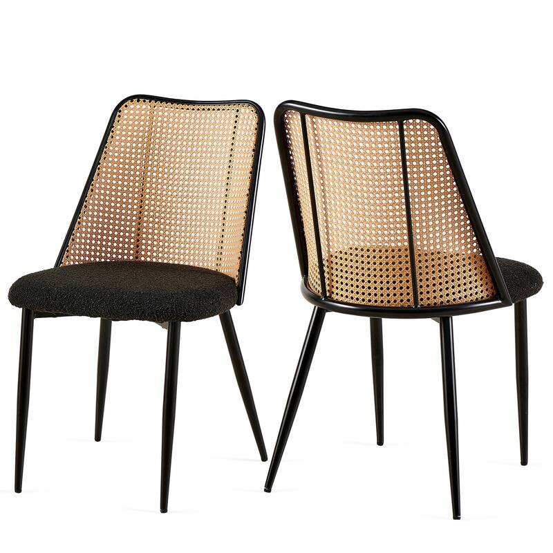 Rattan Dining Chairs Set of 2,Boucle Chairs with Natural Cane Back, Upholstered Dining Room Kitchen Chair