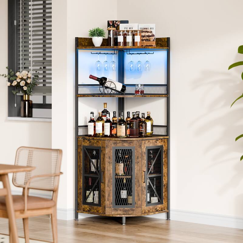 Corner Wine Cabinet, Tall Wine Bar Cabinet w LED Light & Adjustable Shelves