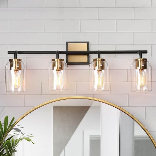 Taloya 4-Light Modern Black & Gold Vanity Light – Amber Tulip Glass Shades For Bathroom, Bedroom Or Hallway