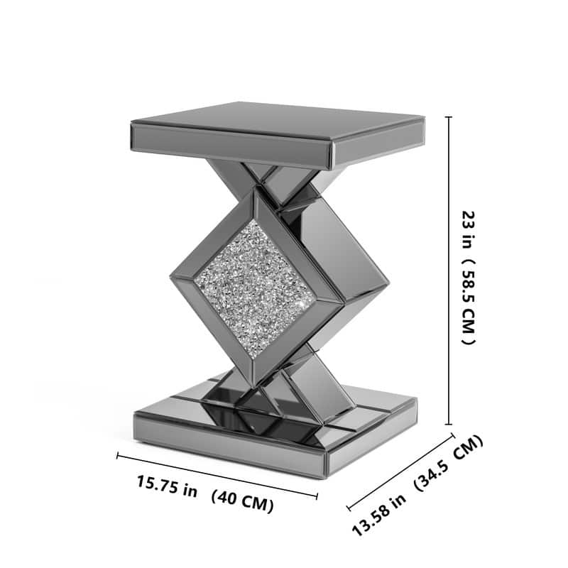 Modern Mirrored Glass Top End Table with Crushed Diamond