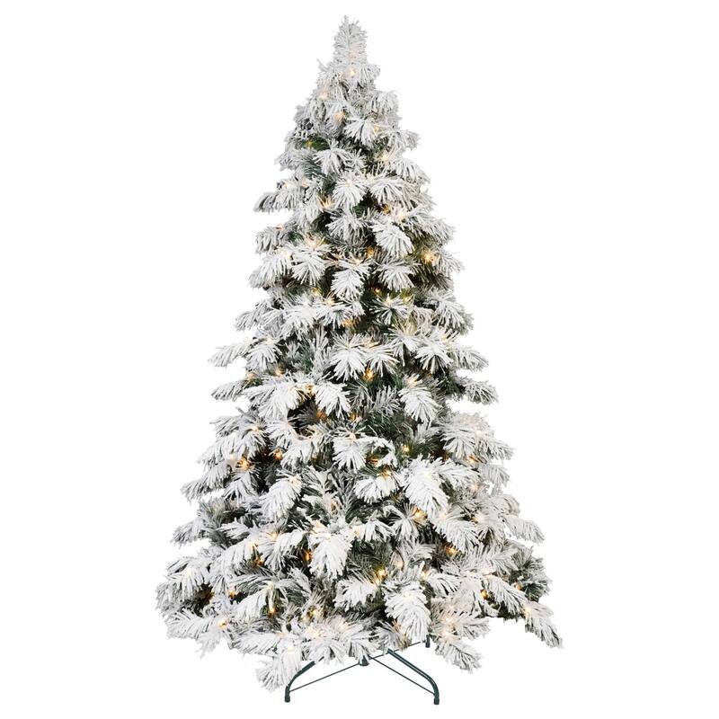HomeRoots 5' Green And White Pre Lit Full Flocked Pine Christmas Tree - 36.00 in. x 60.00 in. x 36.00 in.