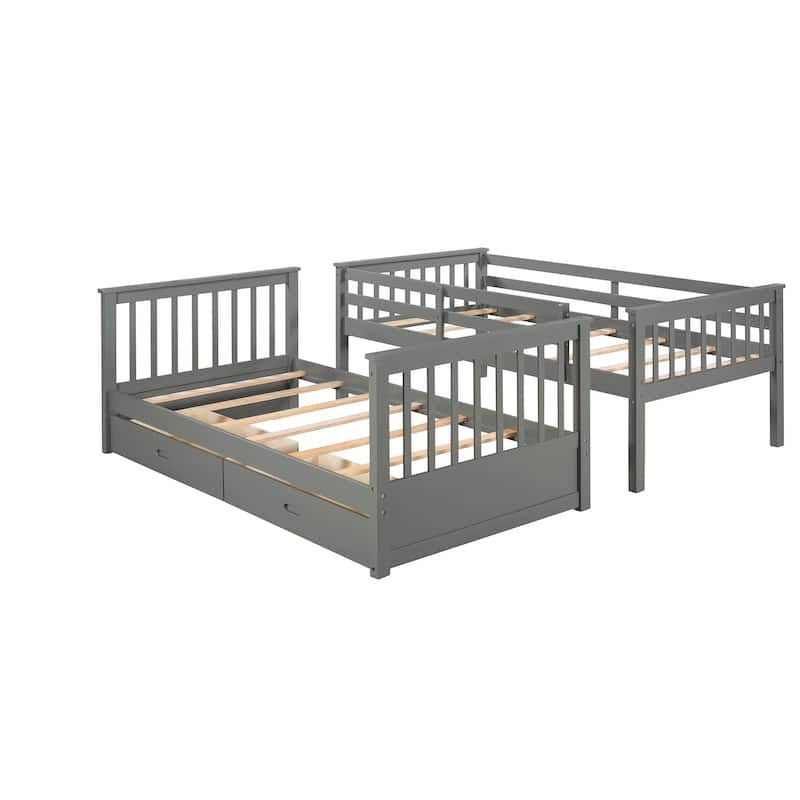 Detachable Bunk Bed with Storage Drawers, Solid Wood Bunk Bedframe w