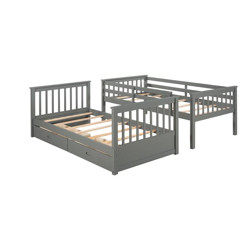 Twin Over Twin Bunk Bed Convertible 2 Platform Beds, Wooden Panel Bed with Ladder, Guardrail and 2 Drawers
