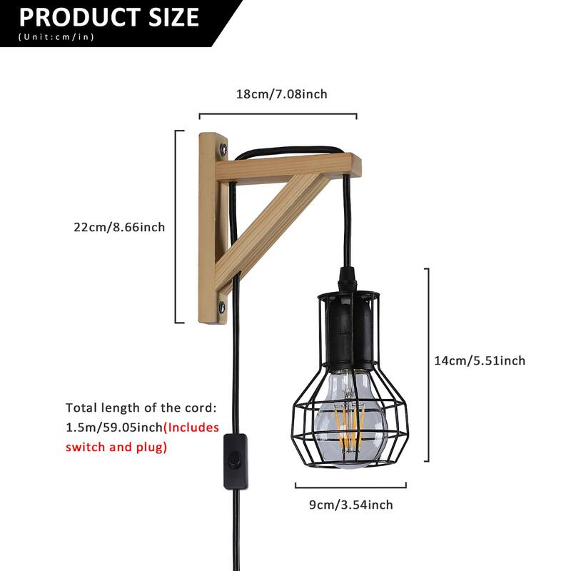 Modern Industrial Plug in Cord Cage Wall Lamp Lift Pipe - Black Wood Retro Rustic Pendant Lamp Adjustable Hanging Wall Light
