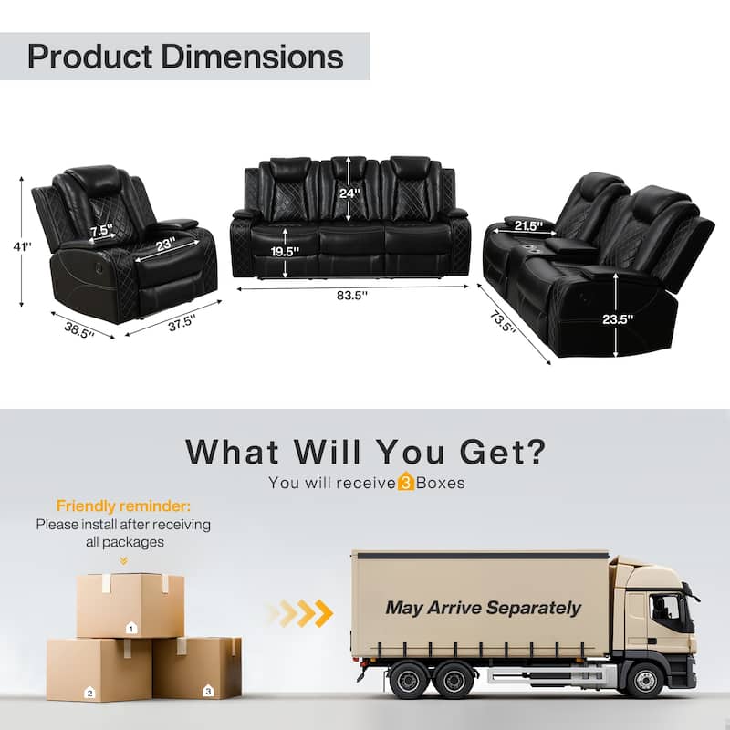 Modern 3-Piece Leather Recliner Sofa Set with LED, Wireless Charging
