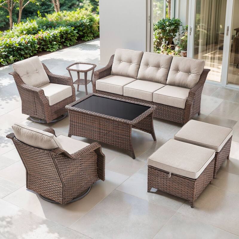 Artisan Patio Brown Wicker Sofa Conversation Set with 6-Inch Thick Cushions - Beige - 7-Piece