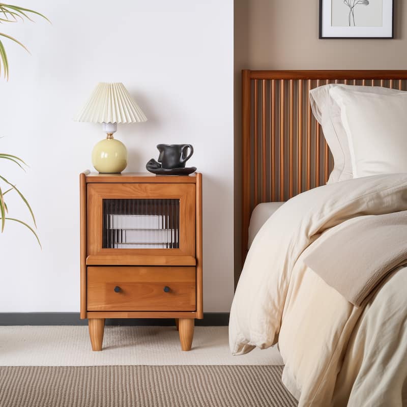 Traditional Vintage Pine Glass Nightstand 2-Drawer For Bedroom