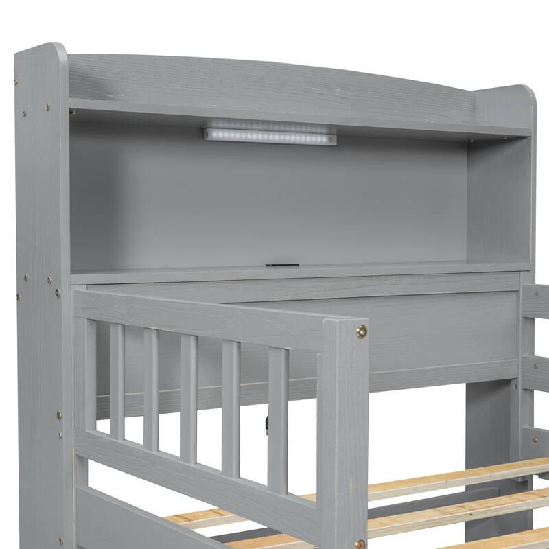 Wood Twin Size Platform Bed with LED Light, Multi-functional Headboard