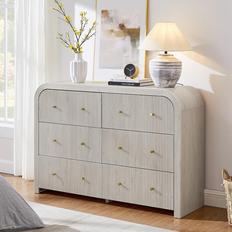 Modern Fluted 6 Drawers Dresser, Wood Chest of Drawers for Bedroom - White Alder