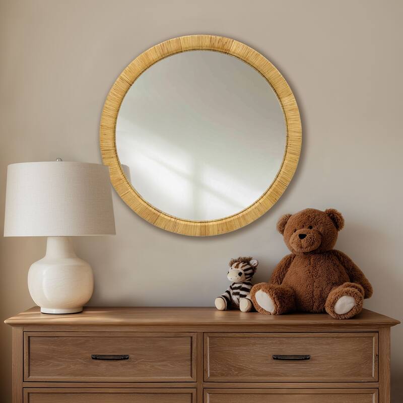 36" Dia Natural Rattan Round Wall Mirror