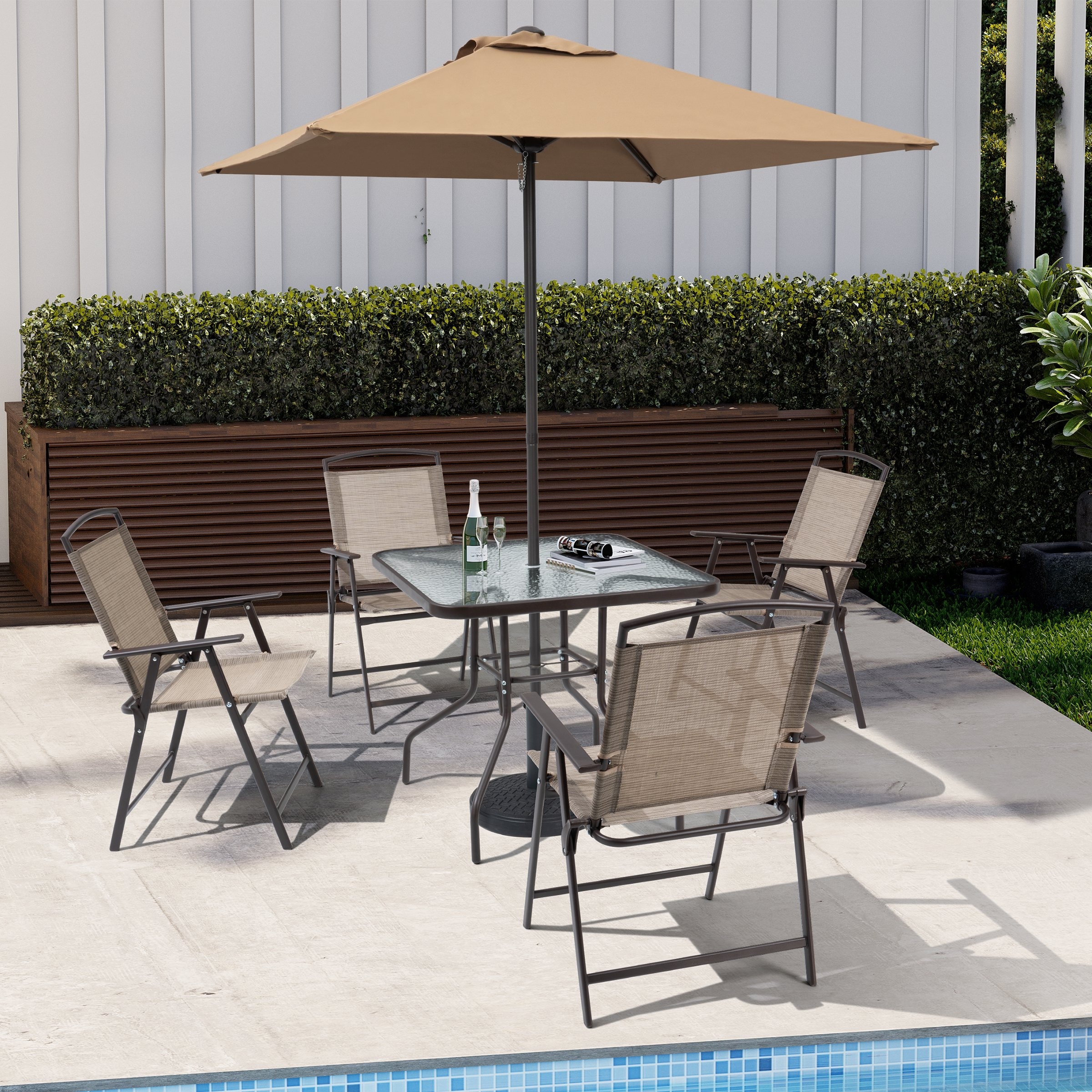 folding patio set umbrella Lark 7 Piece Outdoor Dining Table while the sturdy metal frame and durable glass tabletop ensure long 6 Pieces Patio Dining Set