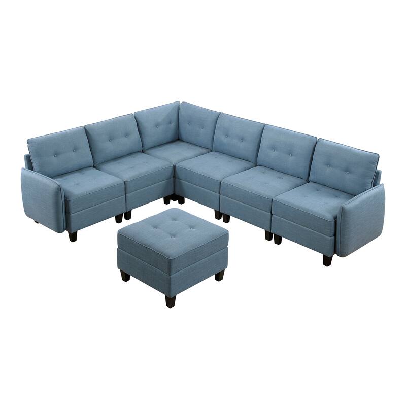 Dorian Textured 7-Piece Sectional Sofa - Storage and Ottoman - Blue