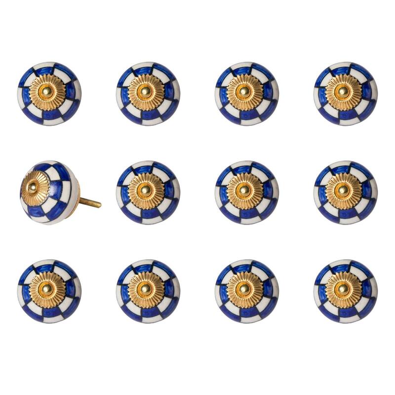 12-Pack Ceramic Drawer Pull Knobs Round Blue White Gold Geometric Cabinet Handles for Decor - 1.5” x 1.5” x 1.5”