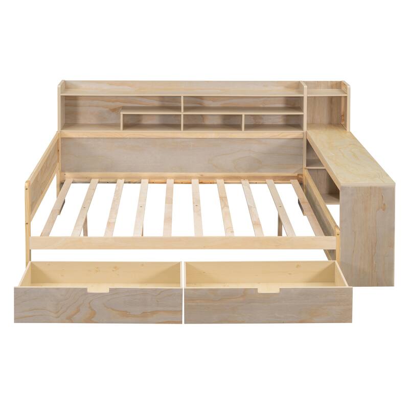 Full Size Wooden Daybed with Storage Shelves, 2 Drawers, and Study Desk - Multi-Functional Elegance