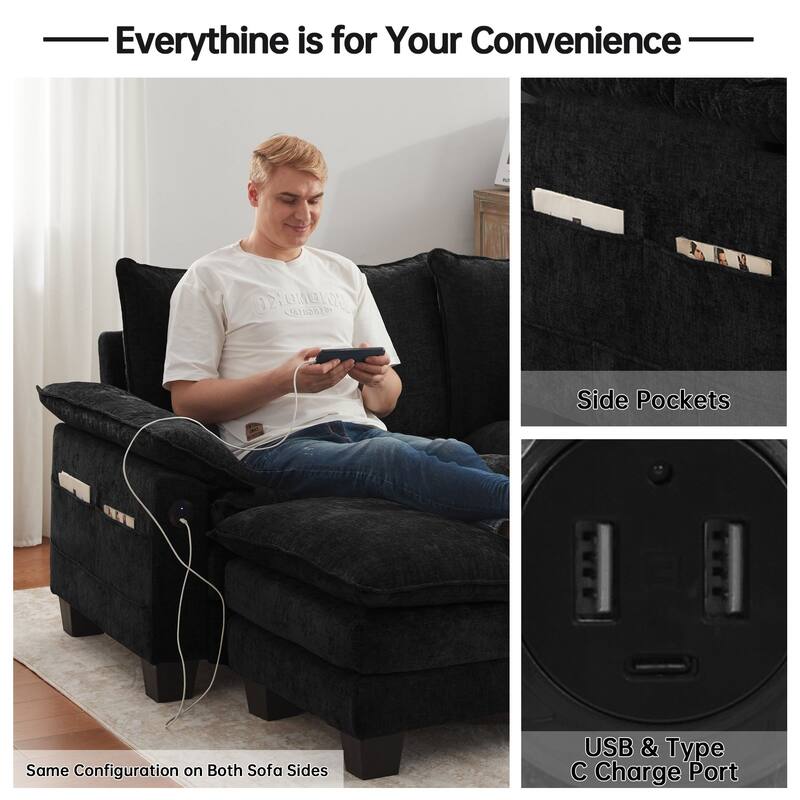 144" Modular Compression Sofa Set Convertible Sectional Sleeper Couch with 2 Ottomans