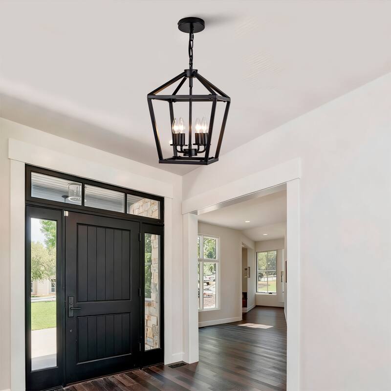 Farmhouse Lantern Chandelier 4-Light with Rustic Open Cage and Adjustable Hanging Height