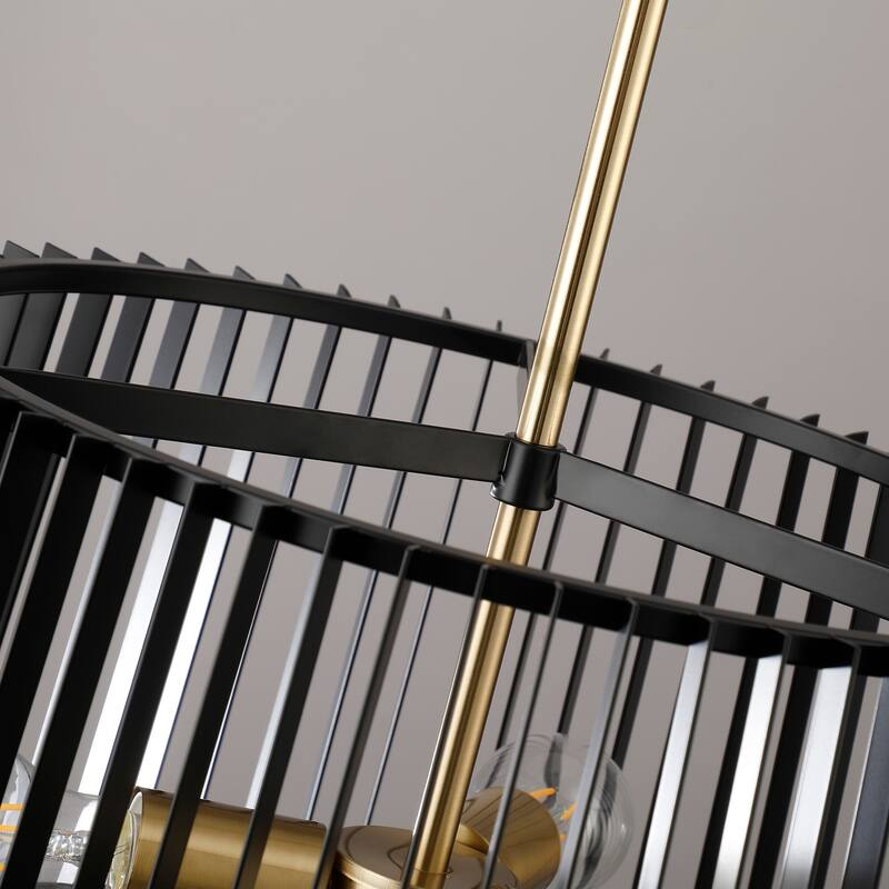 3-Light Black and Brass Drum Chandelier with Louvered Metal Shade - Black&Brass