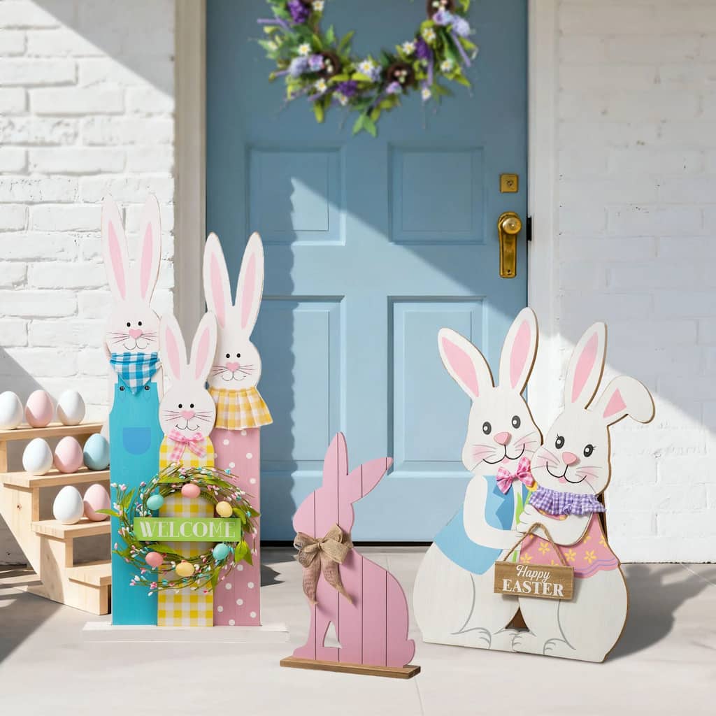 Glitzhome Easter Wooden Bunny Porch Decor Standing Rabbit Sign Decoration