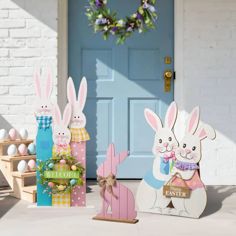 Glitzhome Easter Wooden Bunny Porch Decor Standing Rabbit Sign Decoration